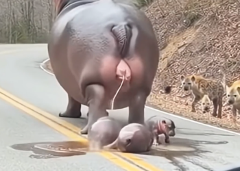 Rare Triplet Birth of Hippopotamus Right in Front of Car