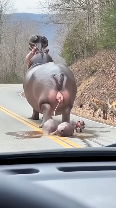 Rare Triplet Birth of Hippopotamus Right in Front of Car